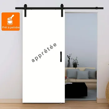 Porte coulissante en bois, 90x206cm, porte intérieure pleine, à peindre soi-même, bois blanc- rail apparent noir, poignée barre