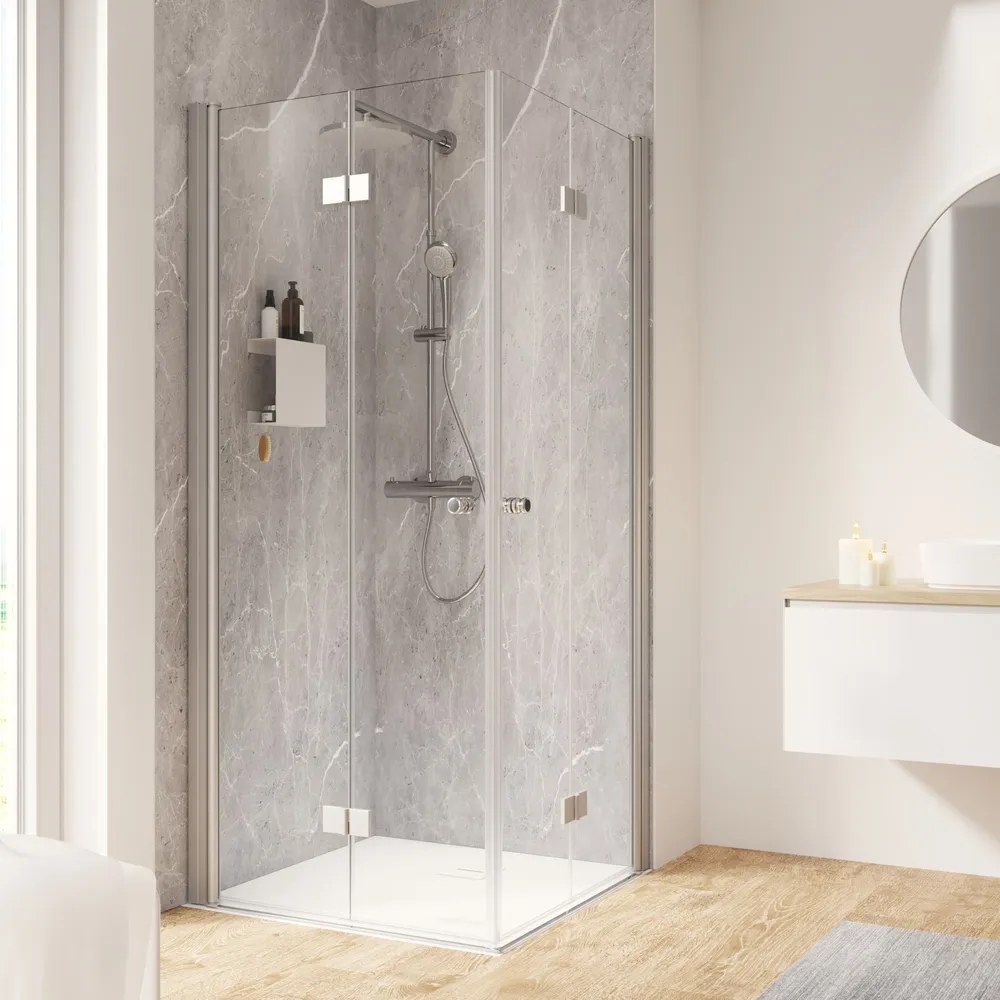 800x800 mm, 2000 mm, Charnière, Alu argenté, Transparent