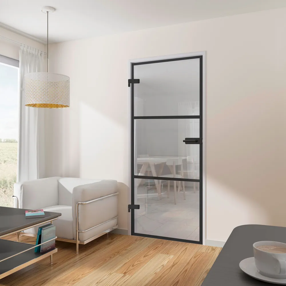 porte intérieure loft en verre, 83x197 cm, atelier, noir mat, verre satiné, verrière, 3 vitrages