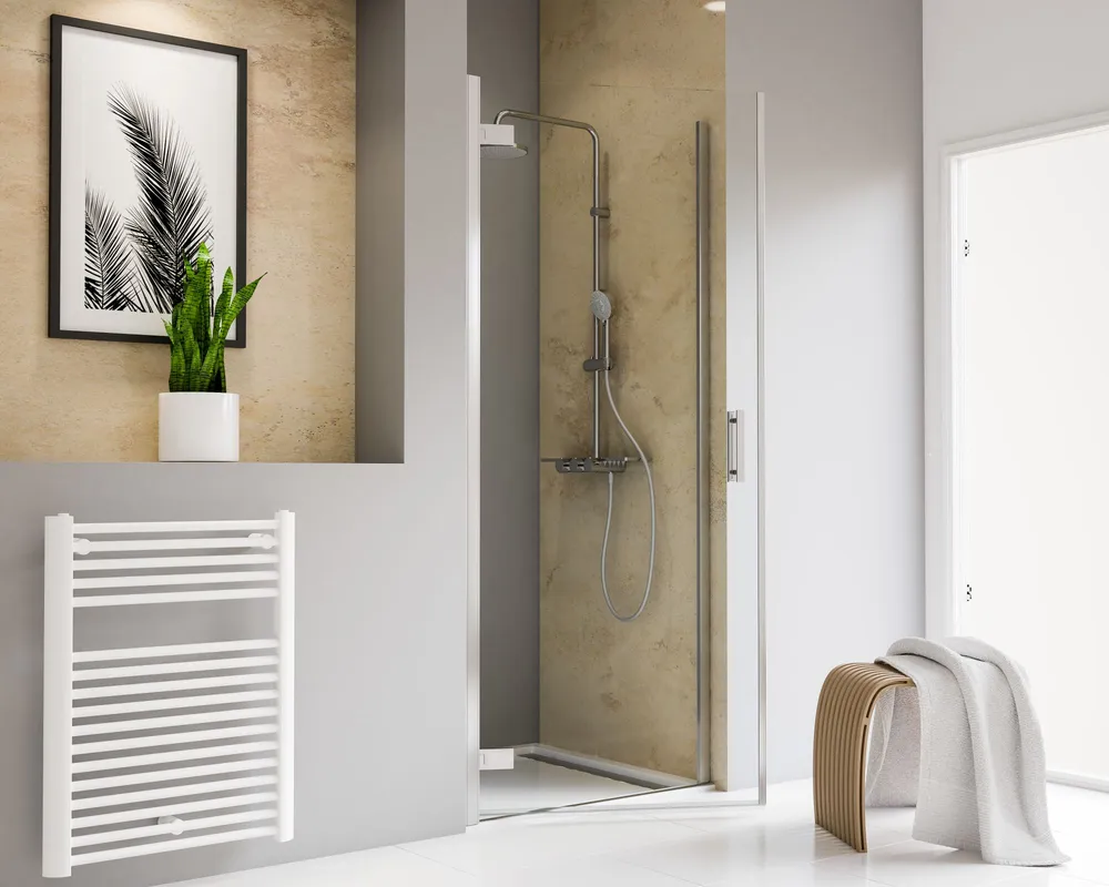 900 mm, 2000 mm, Charnière battante sur profilé, Aspect chromé, Transparent anticalcaire