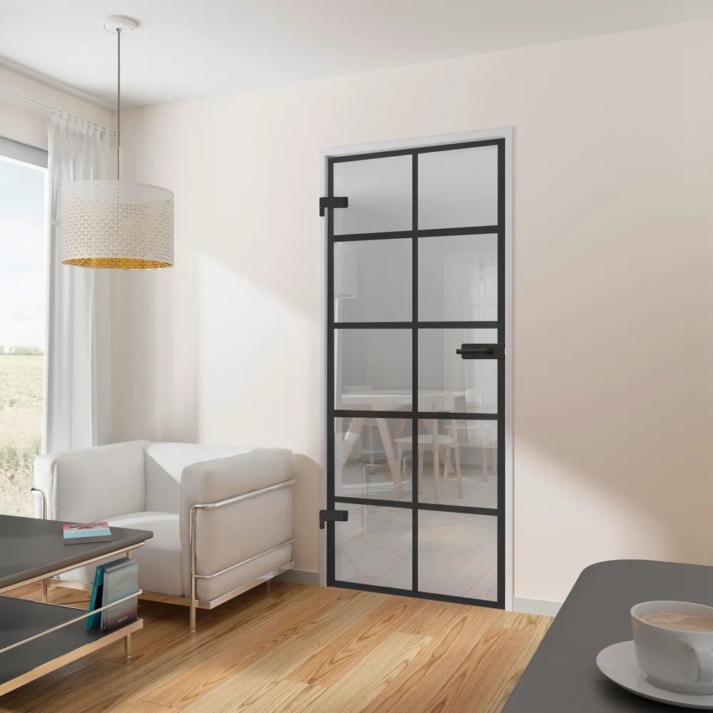 Porte intérieure loft en verre, 83x197 cm, atelier, noir mat, verre transparent, verrière, 10 vitrages, sans cadre