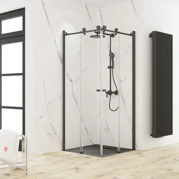 MasterClass - Accès d'angle avec portes de douche coulissantes 900x900 mm, 2000 mm, Noir mat, Transparent anticalcaire