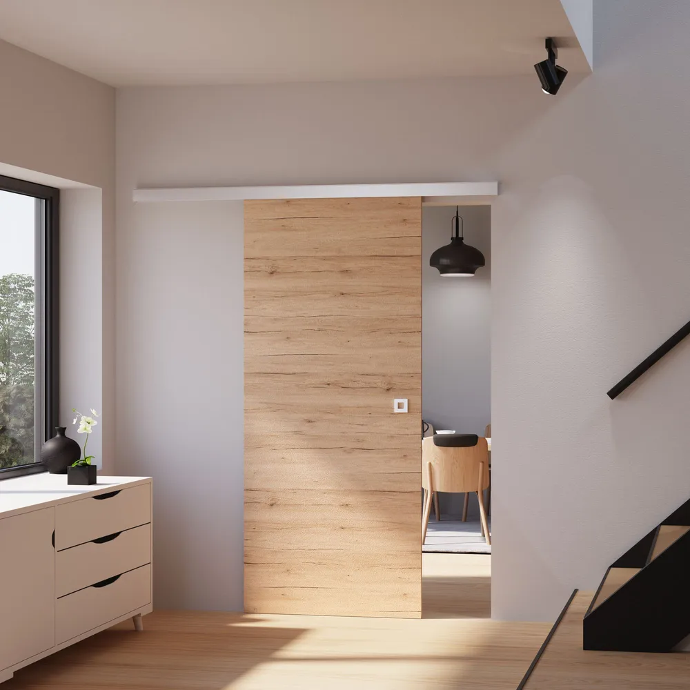 Porte coulissante pleine 88 x 203 cm, en bois décor chêne San Rémo, poignée carrée