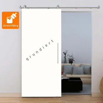 Porte coulissante en bois, 90x206cm, porte intérieure pleine, à peindre soi-même, bois blanc- rail apparent, poignée barre