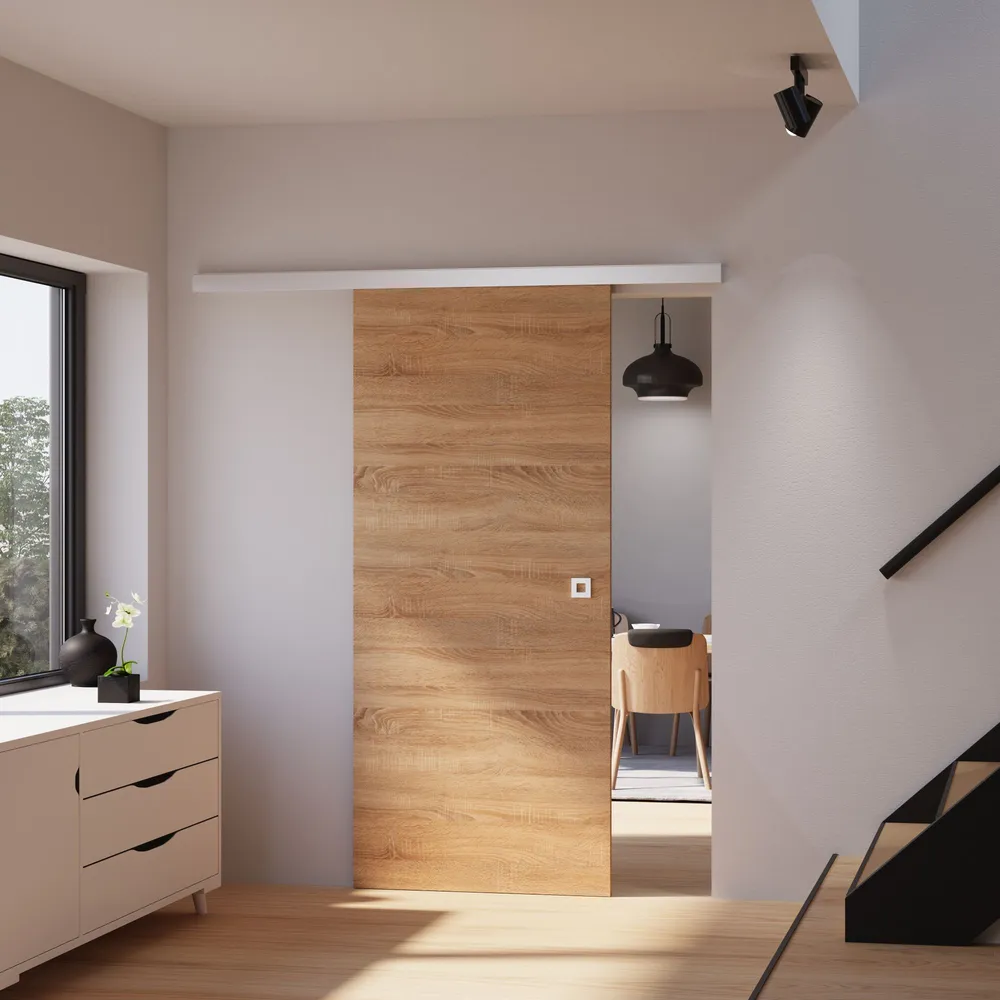 Porte coulissante pleine 75 x 203 cm, en bois décor chêne, poignée carrée