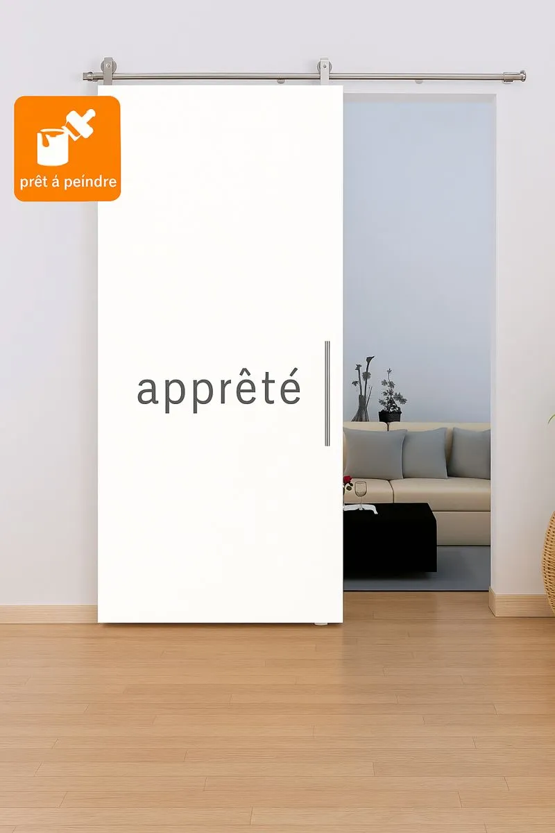 Porte coulissante en bois, 90x206cm, porte intérieure pleine, à peindre soi-même, bois blanc- rail apparent, poignée barre, softclose
